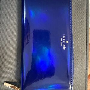 kate spade glossy blue patent zip wallet with gold logo